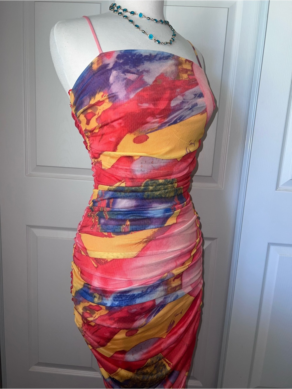 Privy Multicolor Ruched Midi Dress in Beautiful Sunset Pink, Yellow & Blue